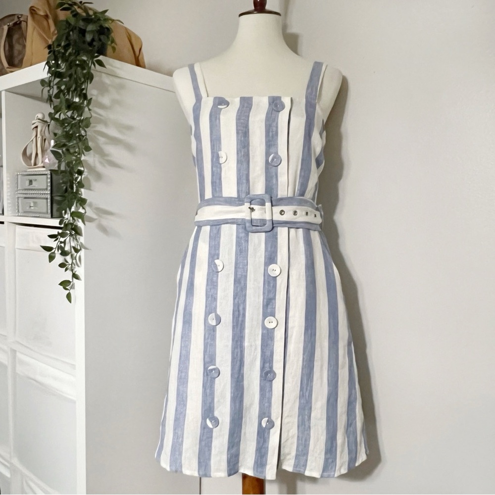Miss Me 100% Linen Button Front with Belted Stripped Dress